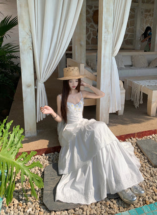 White Sleeveless Suspender Dress