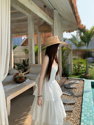 White Sleeveless Suspender Dress