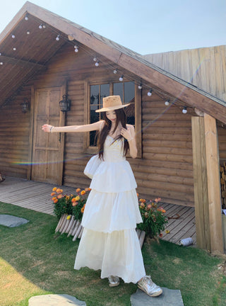 White Sleeveless Suspender Dress