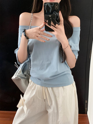 Blue Off-Shoulder Short-Sleeve Top