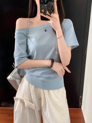 Blue Off-Shoulder Short-Sleeve Top