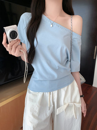 Blue Off-Shoulder Short-Sleeve Top