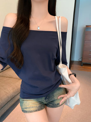 Blue Off-Shoulder Short-Sleeve Top