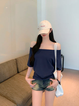 Blue Off-Shoulder Short-Sleeve Top