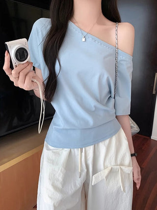 Blue Off-Shoulder Short-Sleeve Top