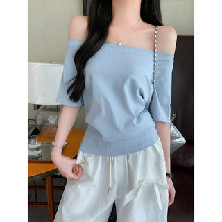 Blue Off-Shoulder Short-Sleeve Top