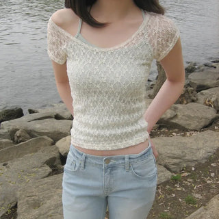 Clover Ribbed Sleeveless Layered Lace Short Sleeve T-shirt Set