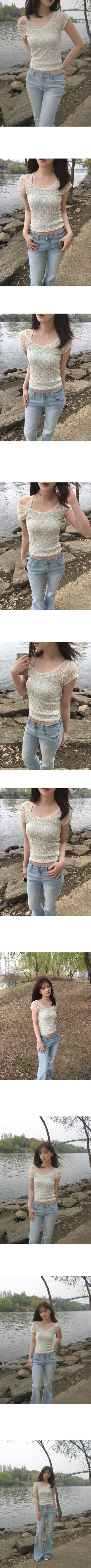 Clover Ribbed Sleeveless Layered Lace Short Sleeve T-shirt Set