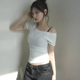 Eedit Sturdy Ribbed Off-Shoulder One-Shoulder Stretch Slim Short Sleeve T-Shirt