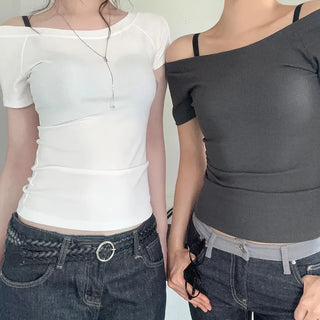 Eedit Sturdy Ribbed Off-Shoulder One-Shoulder Stretch Slim Short Sleeve T-Shirt