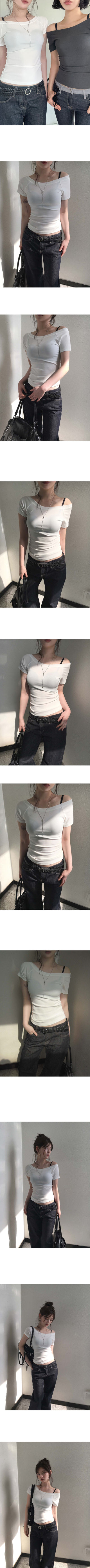 Eedit Sturdy Ribbed Off-Shoulder One-Shoulder Stretch Slim Short Sleeve T-Shirt