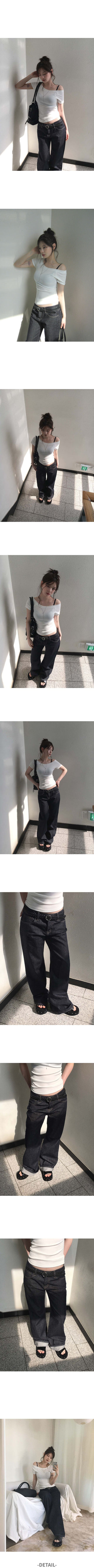 Eedit Sturdy Ribbed Off-Shoulder One-Shoulder Stretch Slim Short Sleeve T-Shirt