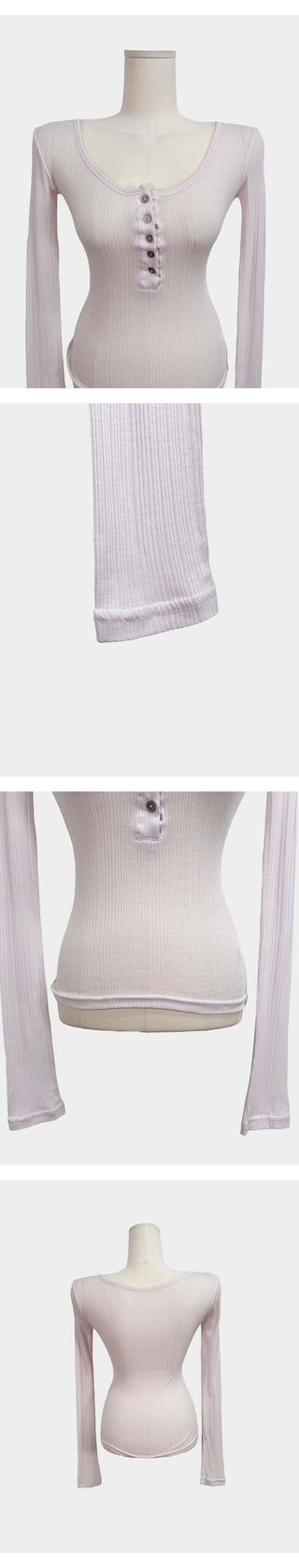 Pastel Button Layered See-through Gauze Ribbed Thin Long Sleeve T-shirt