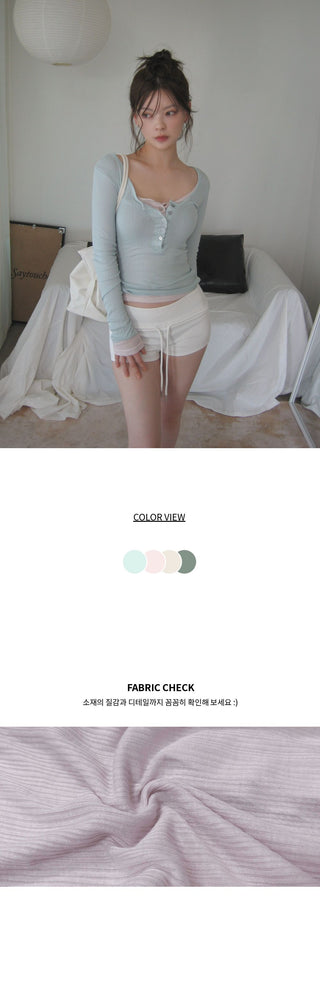 Pastel Button Layered See-through Gauze Ribbed Thin Long Sleeve T-shirt