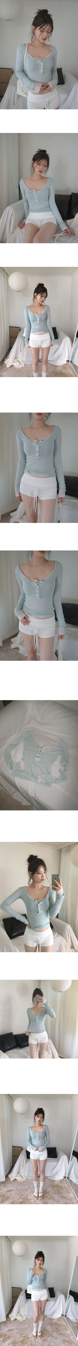 Pastel Button Layered See-through Gauze Ribbed Thin Long Sleeve T-shirt