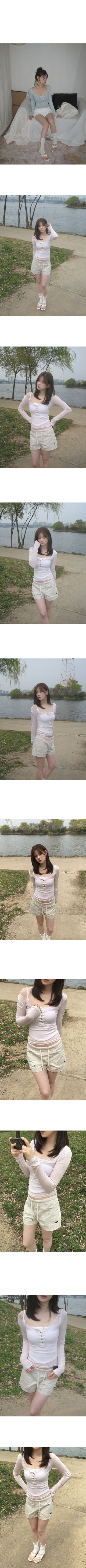 Pastel Button Layered See-through Gauze Ribbed Thin Long Sleeve T-shirt