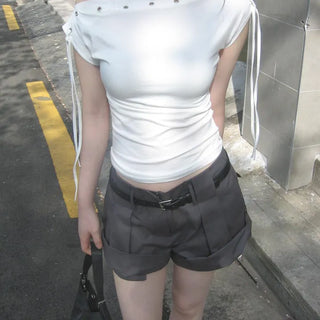 Kibin Eyelet Punching Ribbon Off-Shoulder One-Shoulder Boat Neck Slim Stretch Short Sleeve T-Shirt