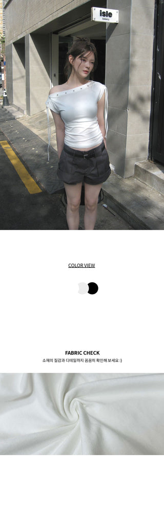 Kibin Eyelet Punching Ribbon Off-Shoulder One-Shoulder Boat Neck Slim Stretch Short Sleeve T-Shirt