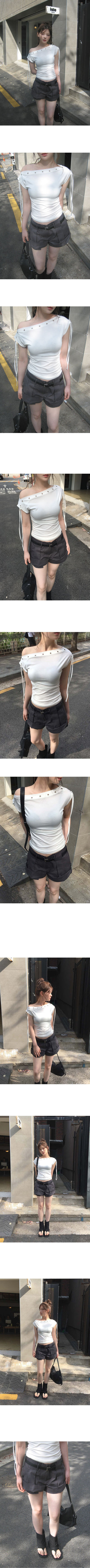 Kibin Eyelet Punching Ribbon Off-Shoulder One-Shoulder Boat Neck Slim Stretch Short Sleeve T-Shirt