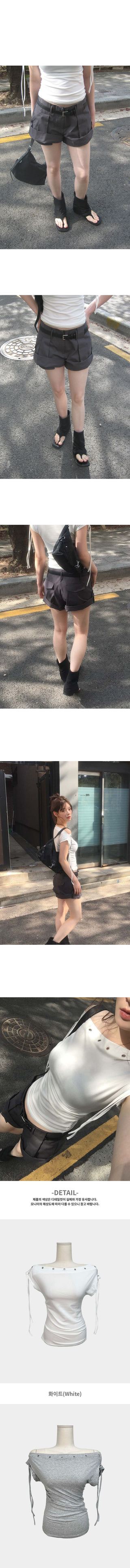 Kibin Eyelet Punching Ribbon Off-Shoulder One-Shoulder Boat Neck Slim Stretch Short Sleeve T-Shirt