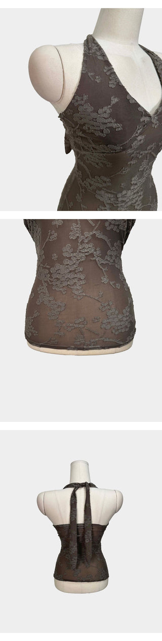 Cozy Lace Halter Neck Semi-Crop See-through Sleeveless Top