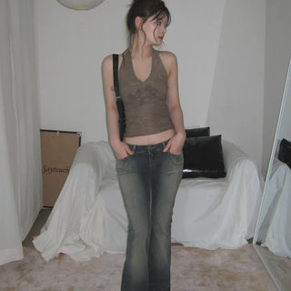 Cozy Lace Halter Neck Semi-Crop See-through Sleeveless Top
