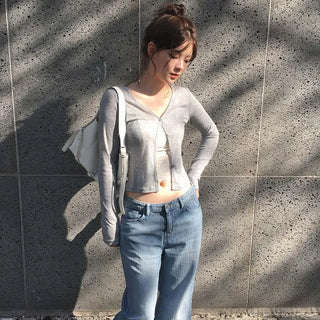 Coat Salanta Wavy Ribbed Loose Fit Semi-Crop Thin Cardigan