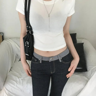 Bez Round Neck Slim Basic Crop Spandex Short Sleeve T-shirt