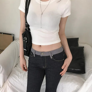 Bez Round Neck Slim Basic Crop Spandex Short Sleeve T-shirt