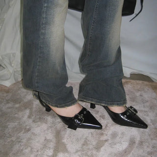 Wreath Buckle Belted Eyelet Leather Stiletto Mule Heels