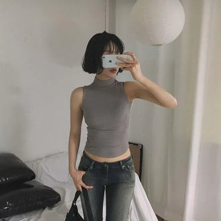 Outer Mock Neck Ribbed Sleeveless Rolled Hem Slim Spandex Modal Sleeveless Top