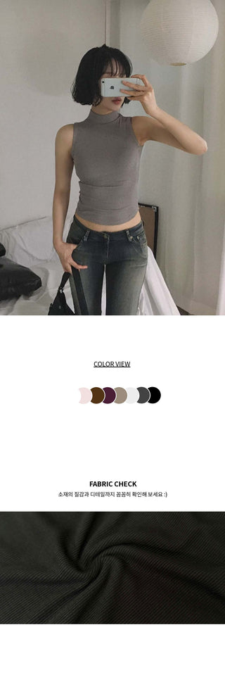 Outer Mock Neck Ribbed Sleeveless Rolled Hem Slim Spandex Modal Sleeveless Top