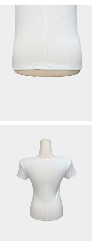 Twin Pendant Charm U-Neck Cut-out Two-Way Layered Inner Short Sleeve Slim T-Shirt