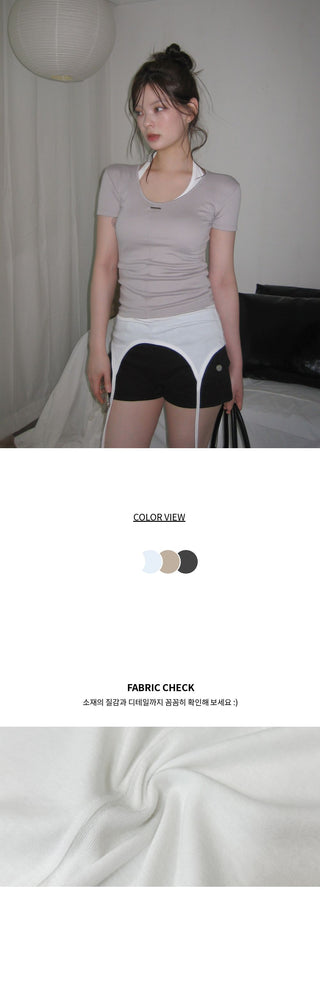 Twin Pendant Charm U-Neck Cut-out Two-Way Layered Inner Short Sleeve Slim T-Shirt