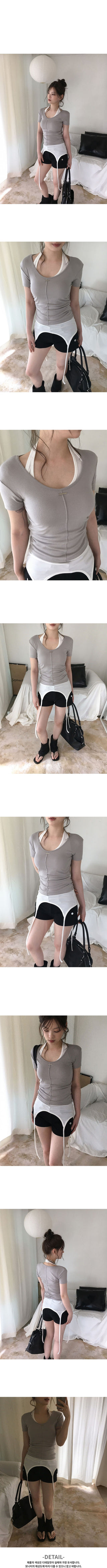 Twin Pendant Charm U-Neck Cut-out Two-Way Layered Inner Short Sleeve Slim T-Shirt
