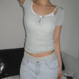 Rafi Button Henley Square Neck Cut-out Stretch Spandex Slim Short Sleeve T-shirt
