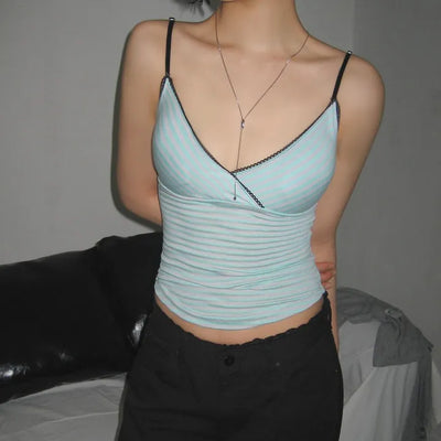 Mint Striped Lace Layered Inner Sleeveless Top with Built-in Cap