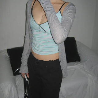 Mint Striped Lace Layered Inner Sleeveless Top with Built-in Cap