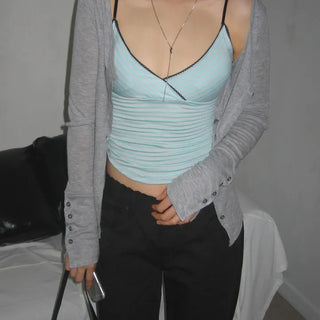 Mint Striped Lace Layered Inner Sleeveless Top with Built-in Cap