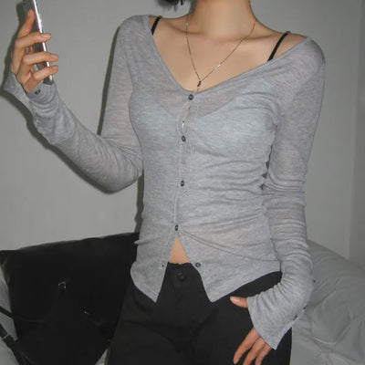 Purple Button Sleeve V-Neck Delicate Loose Slim Fit Tencel Thin Long Sleeve Cardigan