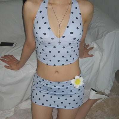 Rope Dot Halter Neck Top Low-Rise Mini Skirt One-Piece Swimsuit Monokini Bikini