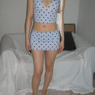 Rope Dot Halter Neck Top Low-Rise Mini Skirt One-Piece Swimsuit Monokini Bikini