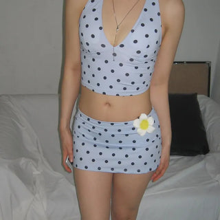 Rope Dot Halter Neck Top Low-Rise Mini Skirt One-Piece Swimsuit Monokini Bikini