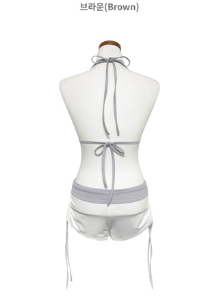 Jennie Contrast Halter Neck Low-Rise Contrast Shirred Shorts Set Swimwear Bikini