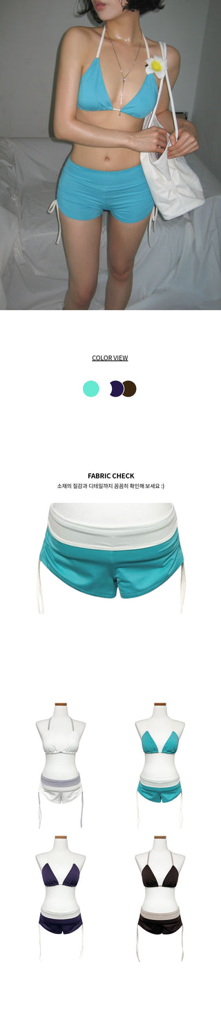 Jennie Contrast Halter Neck Low-Rise Contrast Shirred Shorts Set Swimwear Bikini
