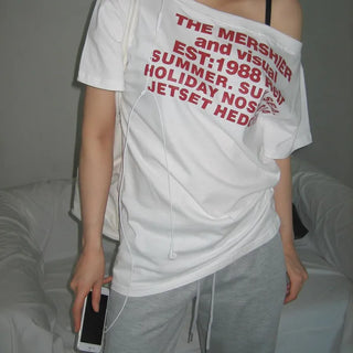 Summer Lettering Print One-Shoulder Two-Way Boxy Oversized Layered Short-Sleeve T-Shirt