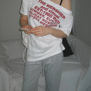 Summer Lettering Print One-Shoulder Two-Way Boxy Oversized Layered Short-Sleeve T-Shirt