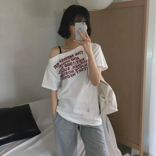 Summer Lettering Print One-Shoulder Two-Way Boxy Oversized Layered Short-Sleeve T-Shirt