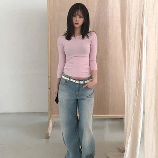 Pink Lace Sagging Washed Wide Denim Jeans
