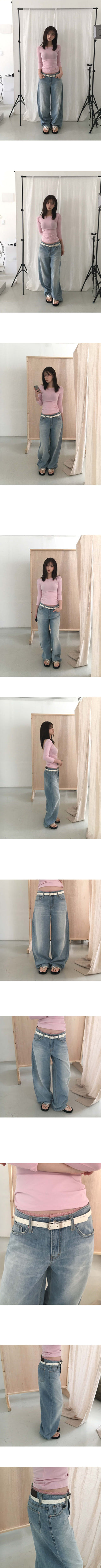 Pink Lace Sagging Washed Wide Denim Jeans